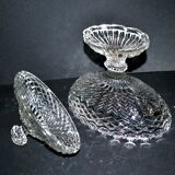 Large oval bonbonnière/dragee dish in molded crystal with diamond and pearl decoration, circa 1900