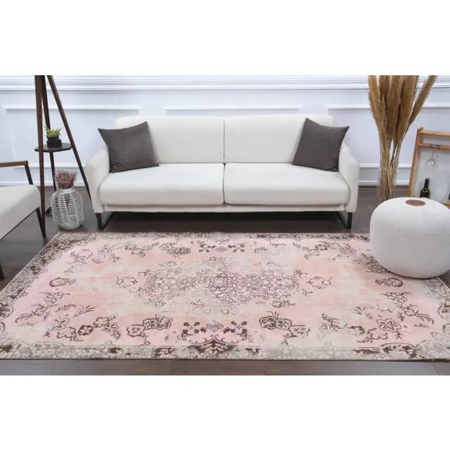 Tapis turc vintage en laine et coton rose noué à la main