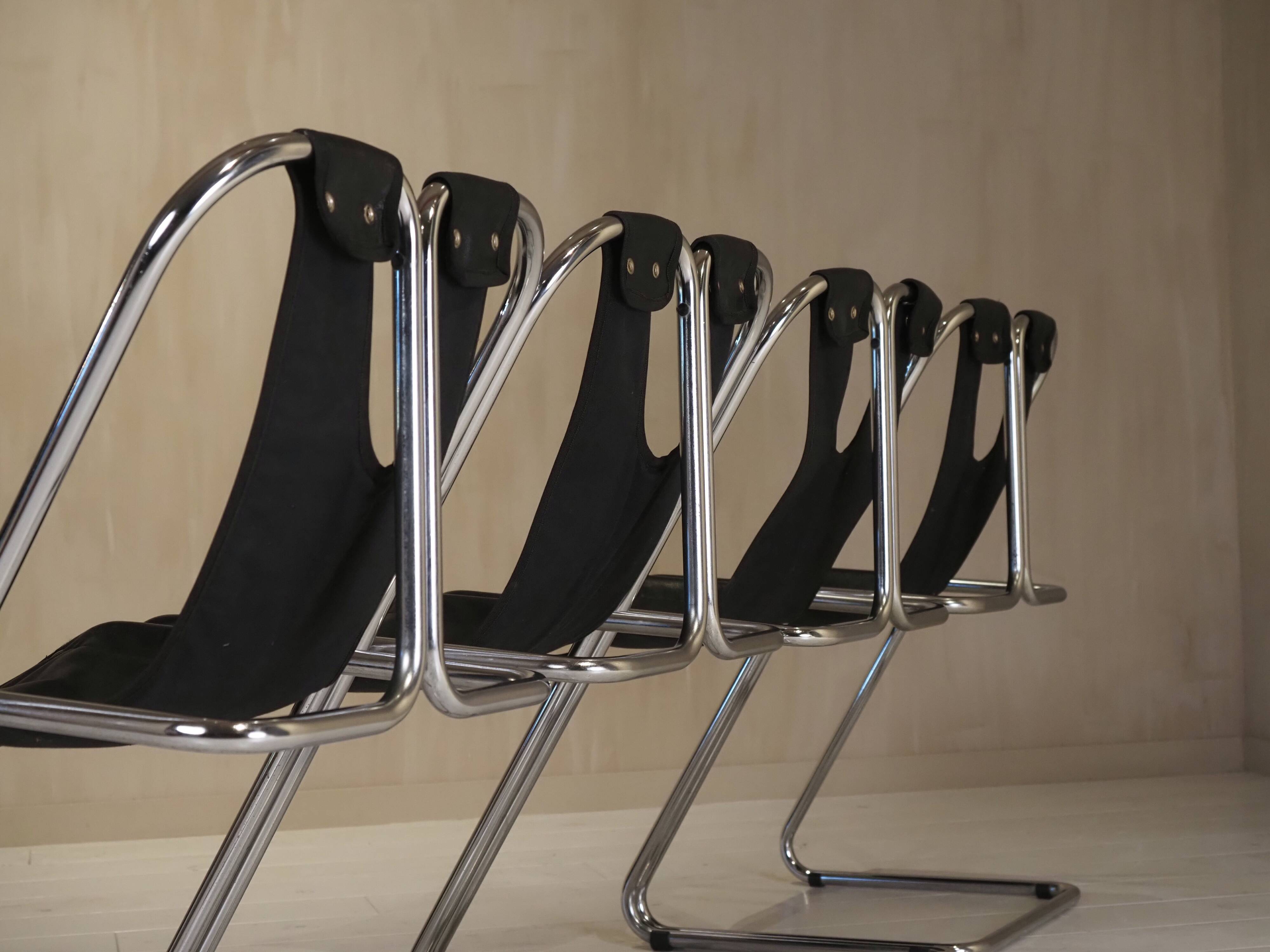 Set of 4 leather and chrome chairs from the 1960s