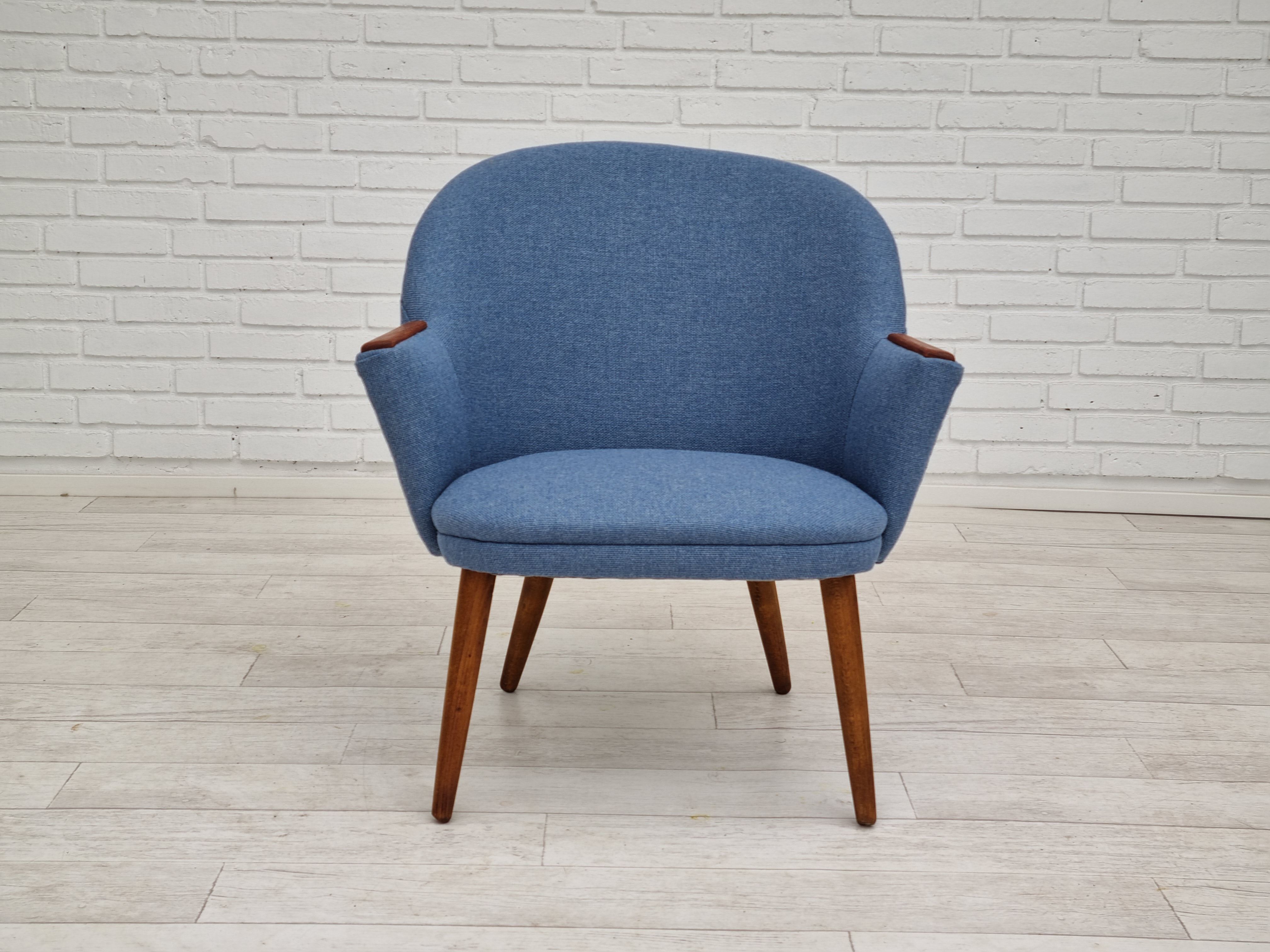 1960s, danish design, reupholstered lounge chair, camira furniture wool fabric, teak