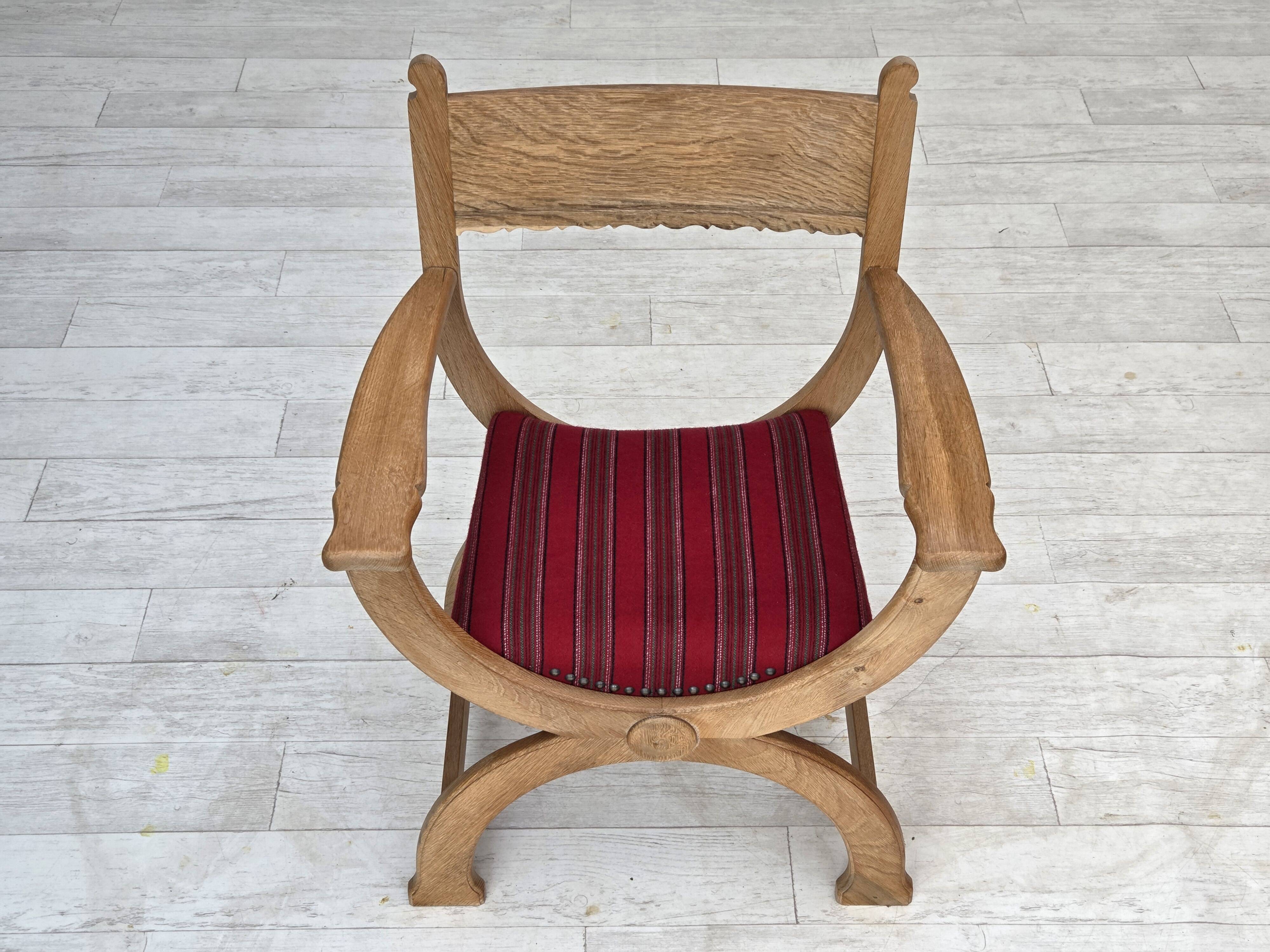 1970s, Danish armchair, original red furniture wool, solid oak wood.