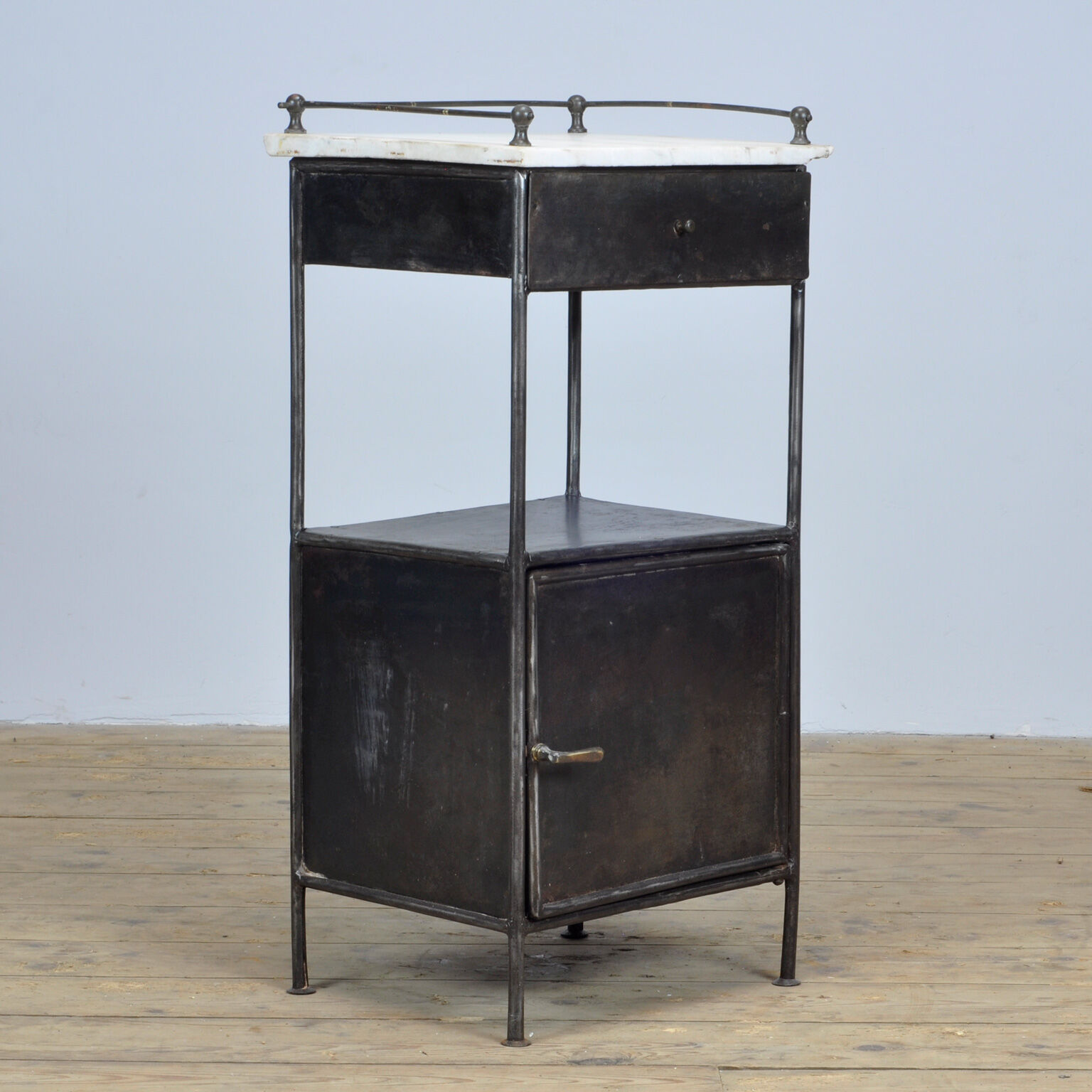 Steel hospital bedside cabinet with a marble top, 1920's