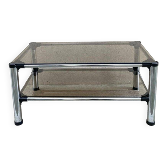 Table basse tubulaire rectangulaire sur deux niveaux, verre fumé