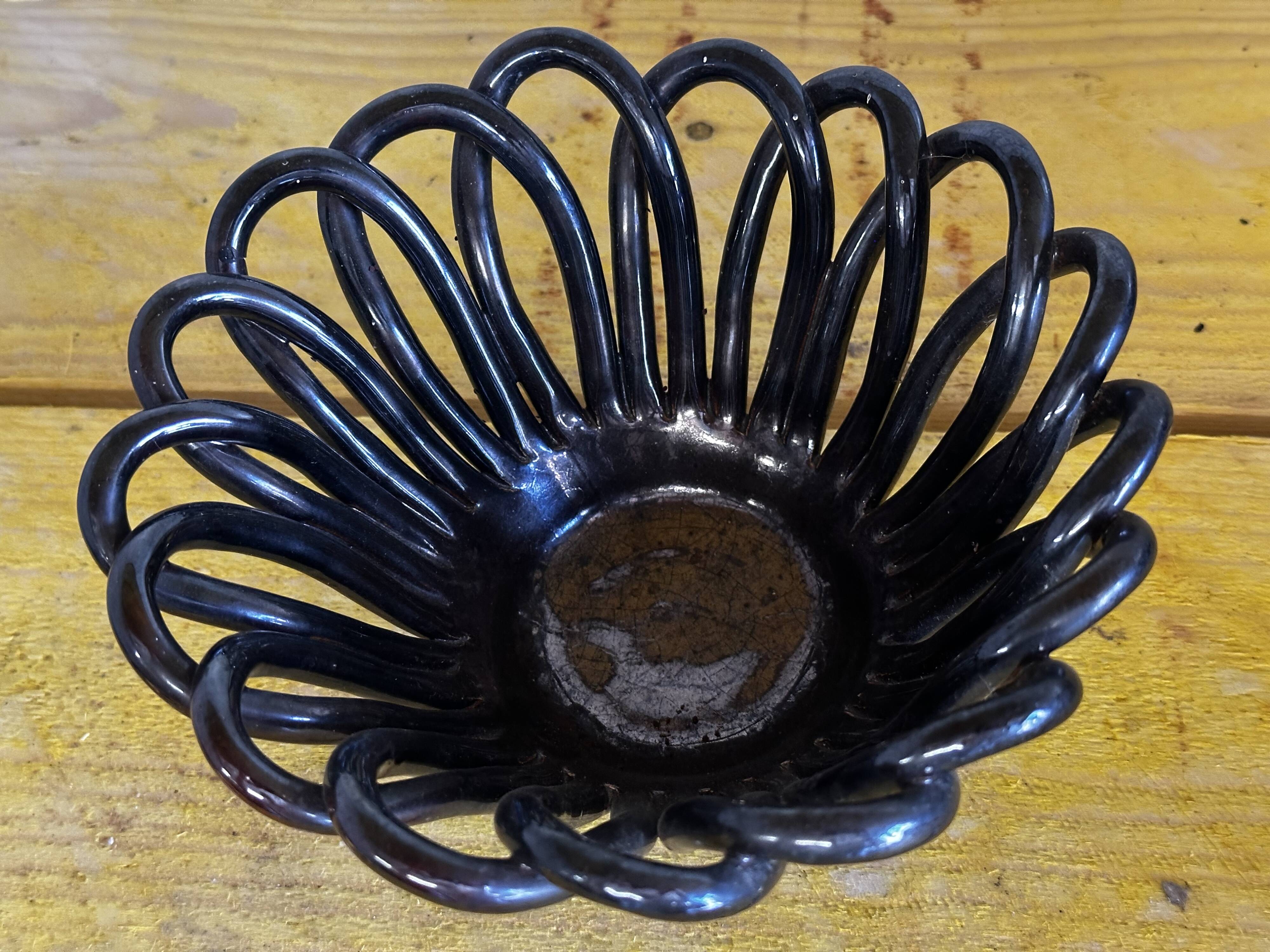 Small Basket - Iridescent Black Braided Ceramic Empty Pocket - 70's German