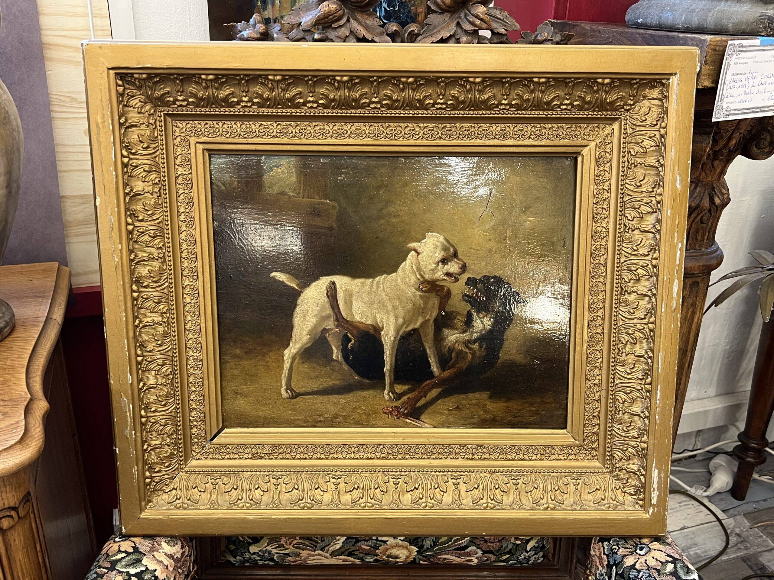 Jean Baptiste Louis Guy? Oil on panel, two bulldogs fighting