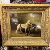 Jean Baptiste Louis Guy? Oil on panel, two bulldogs fighting