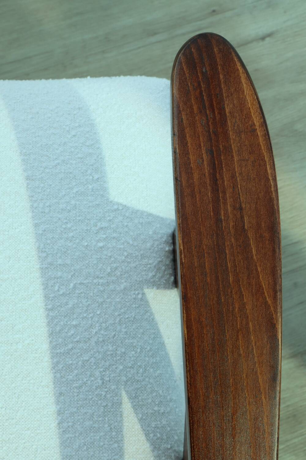 Vintage armchair mid century modern design white boucle dark walnut wood colour 1970 restored chair