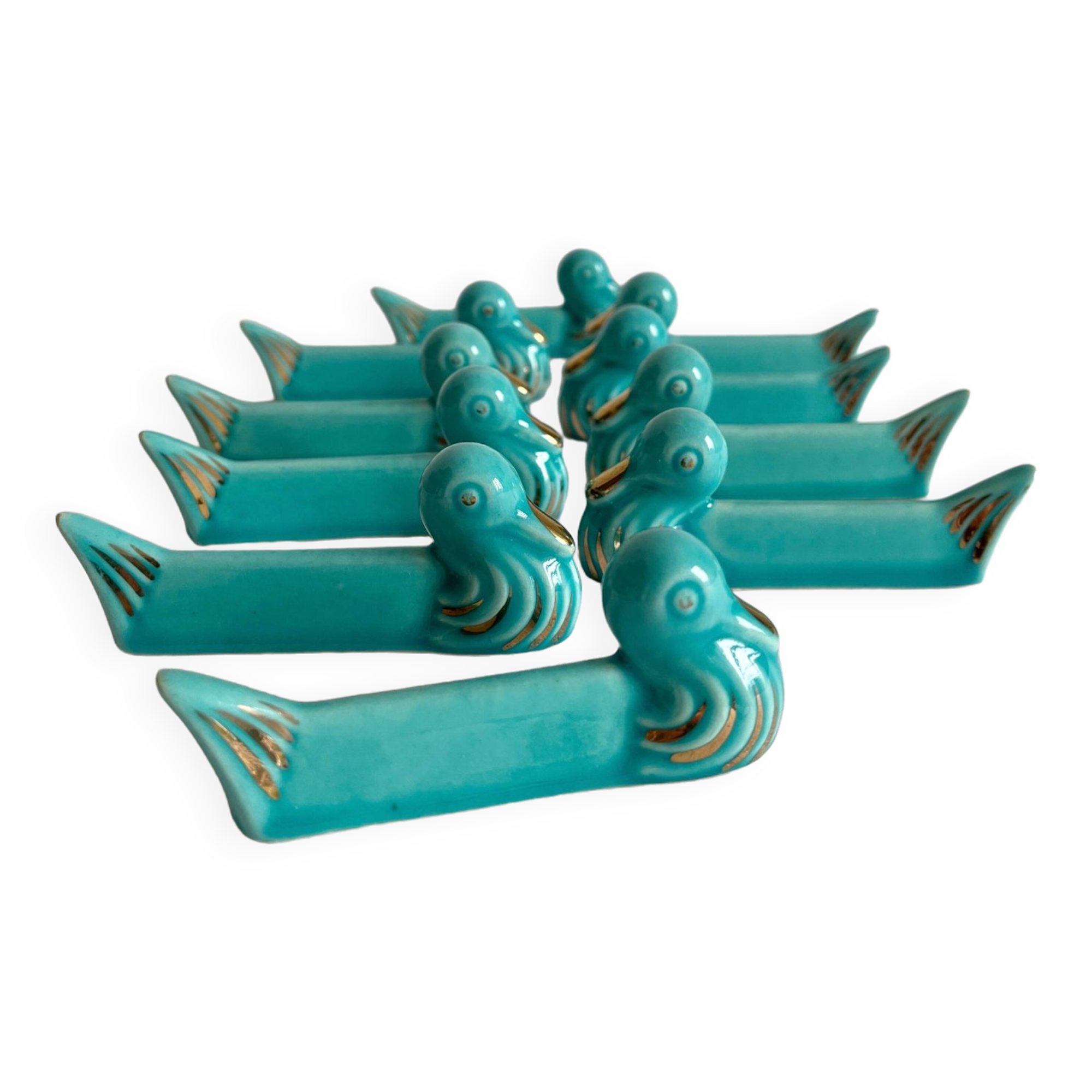 10 vintage duck blue ceramic knife holders from the 50s