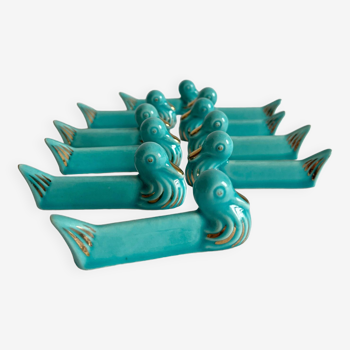 10 portes couteaux en céramique bleu canard vintage années 50