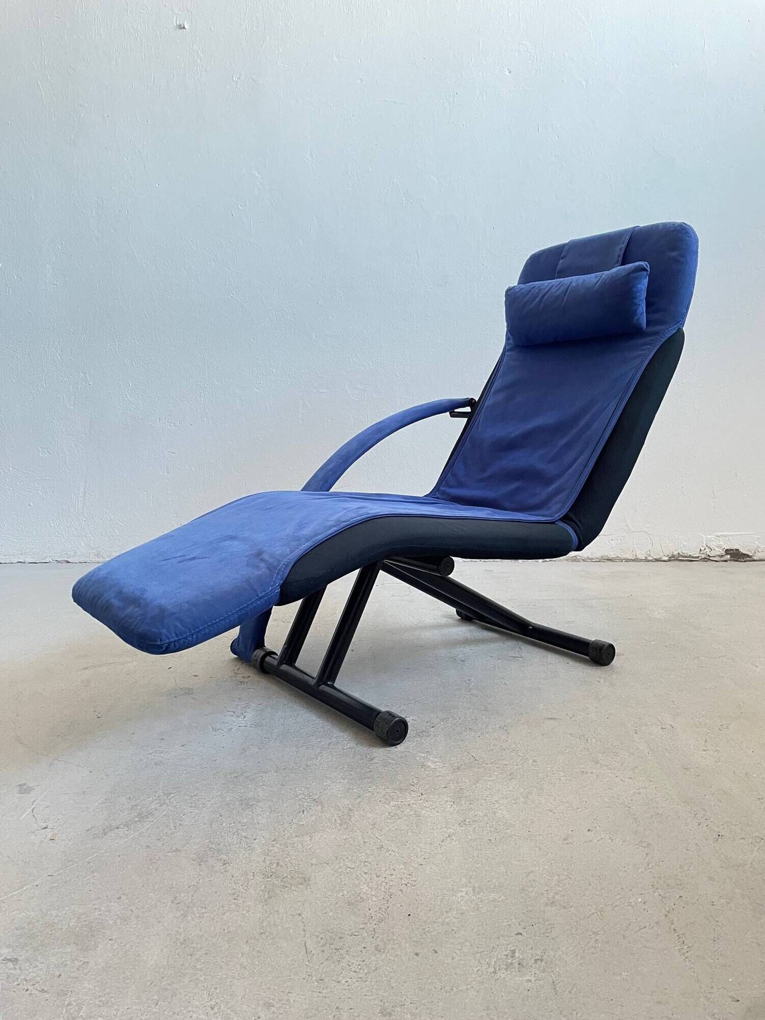 1980s Designer Lounge Chair in black fabric and blue Alcantara cover