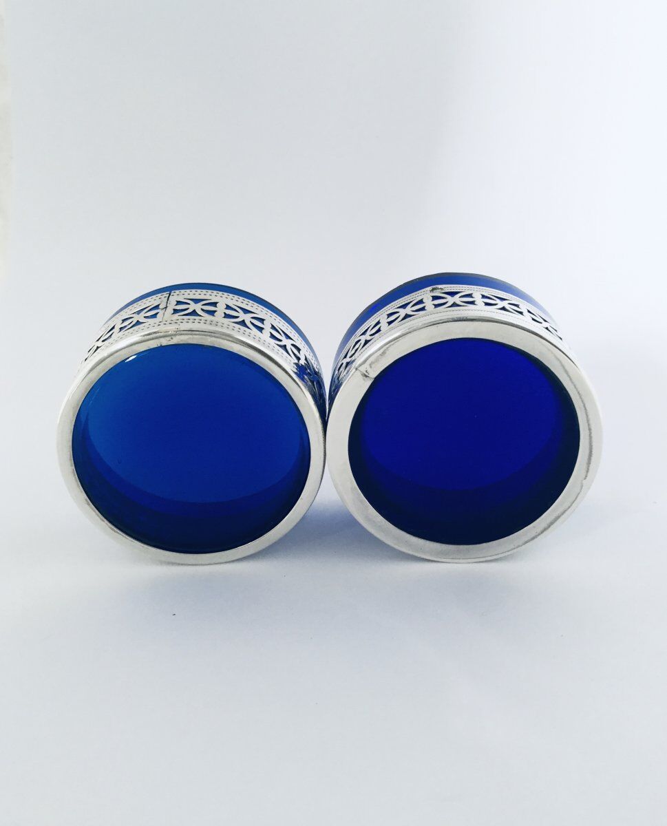 Pair of crystal salt shakers blue and silver