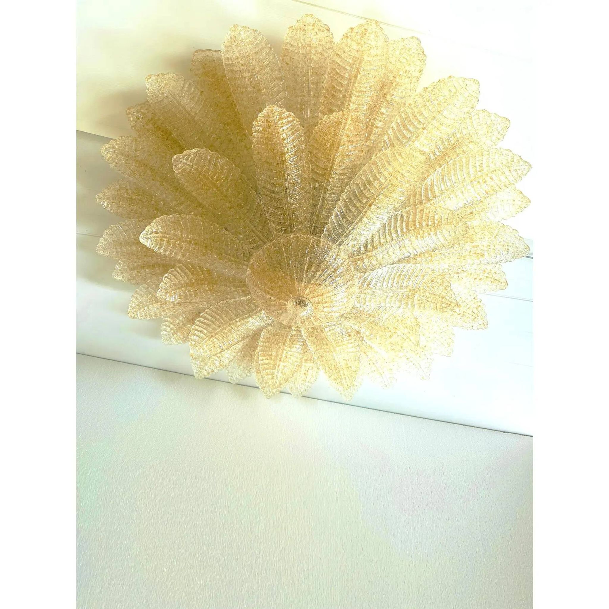 Luxury Venetian Amber ” Leaves Graniglia” Murano Glass Flush Mount