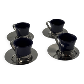 Set of 4 vintage espresso cups with chrome holders and saucers, Mid-Century Modern