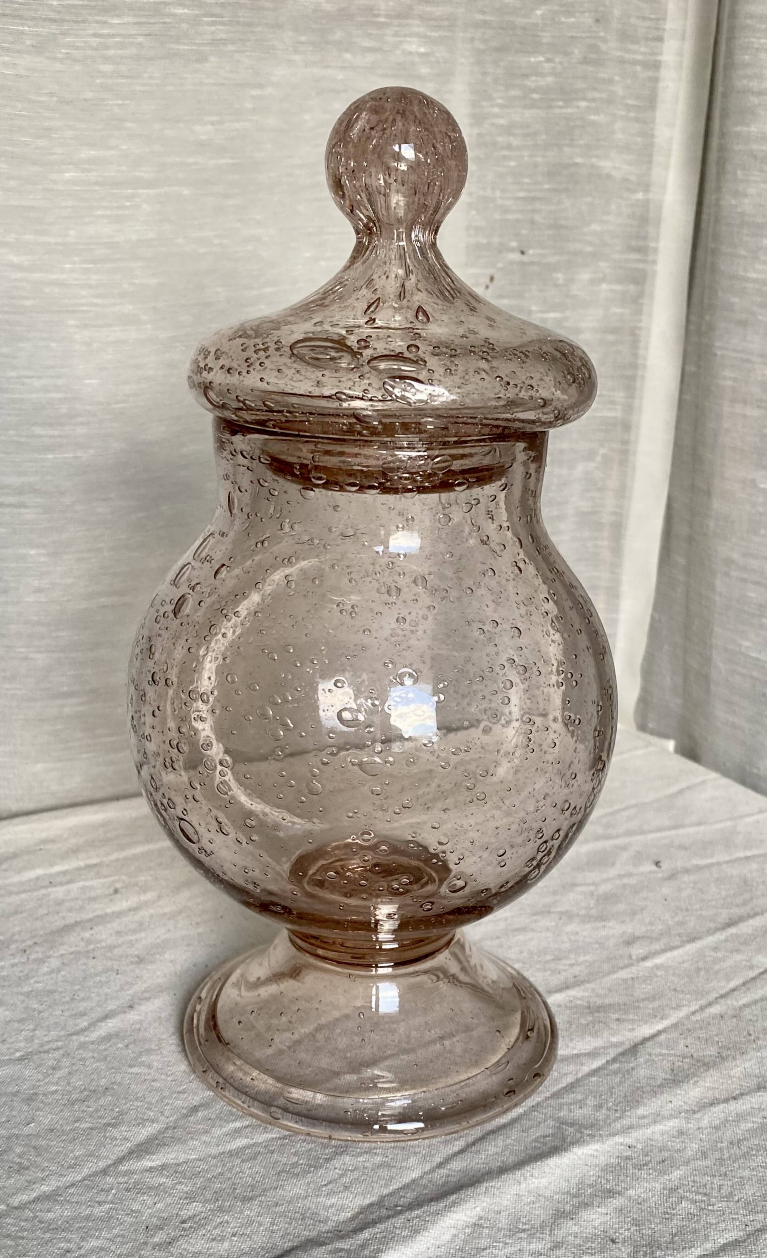 Lilac bubble glass jar with lid, signed Biot, vintage 1960-70