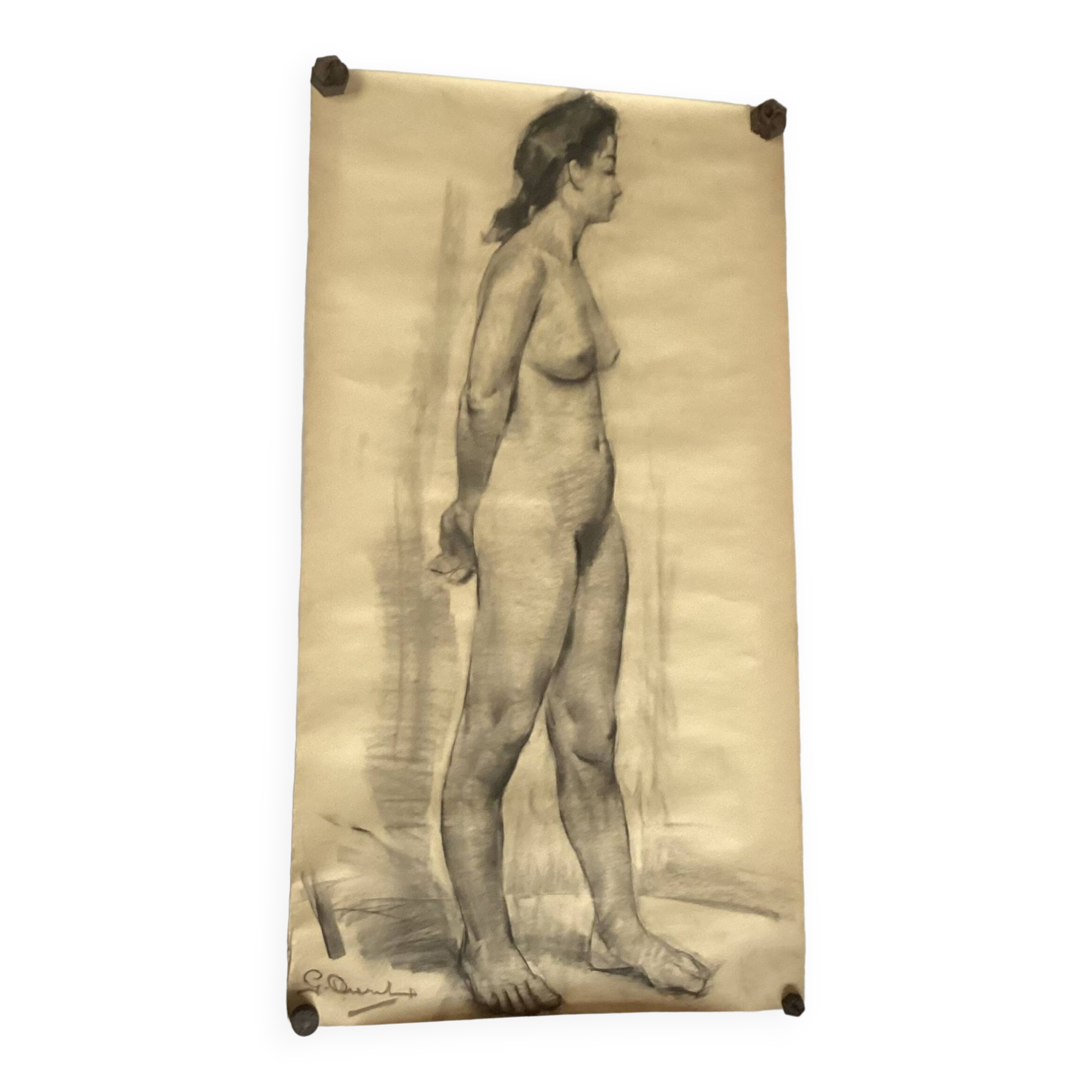 Large drawing of a nude woman signed around the 1940s dimension: height -150cm- width -80cm-