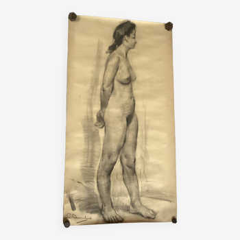 Grand dessin d’une femme nue signé vers les années 1940 dimension : hauteur -150cm- largeur -80cm-