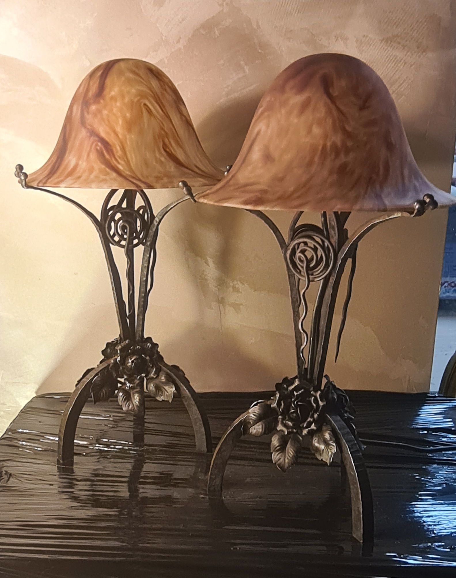 Pair of art nouveau wrought iron lamps with marbled glass paste 42x25