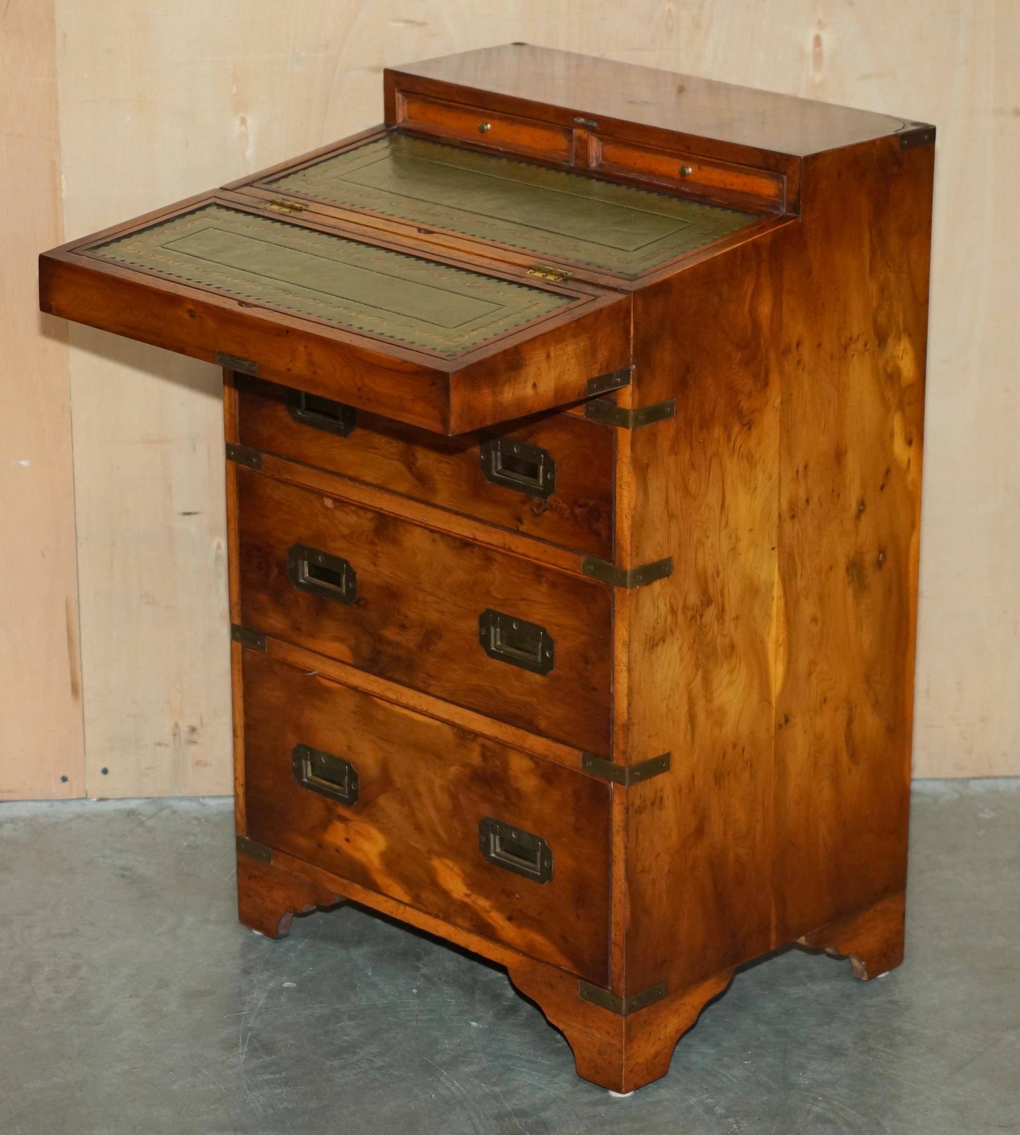 Military desk Harrods in Burr Yew wood with leather, country style.