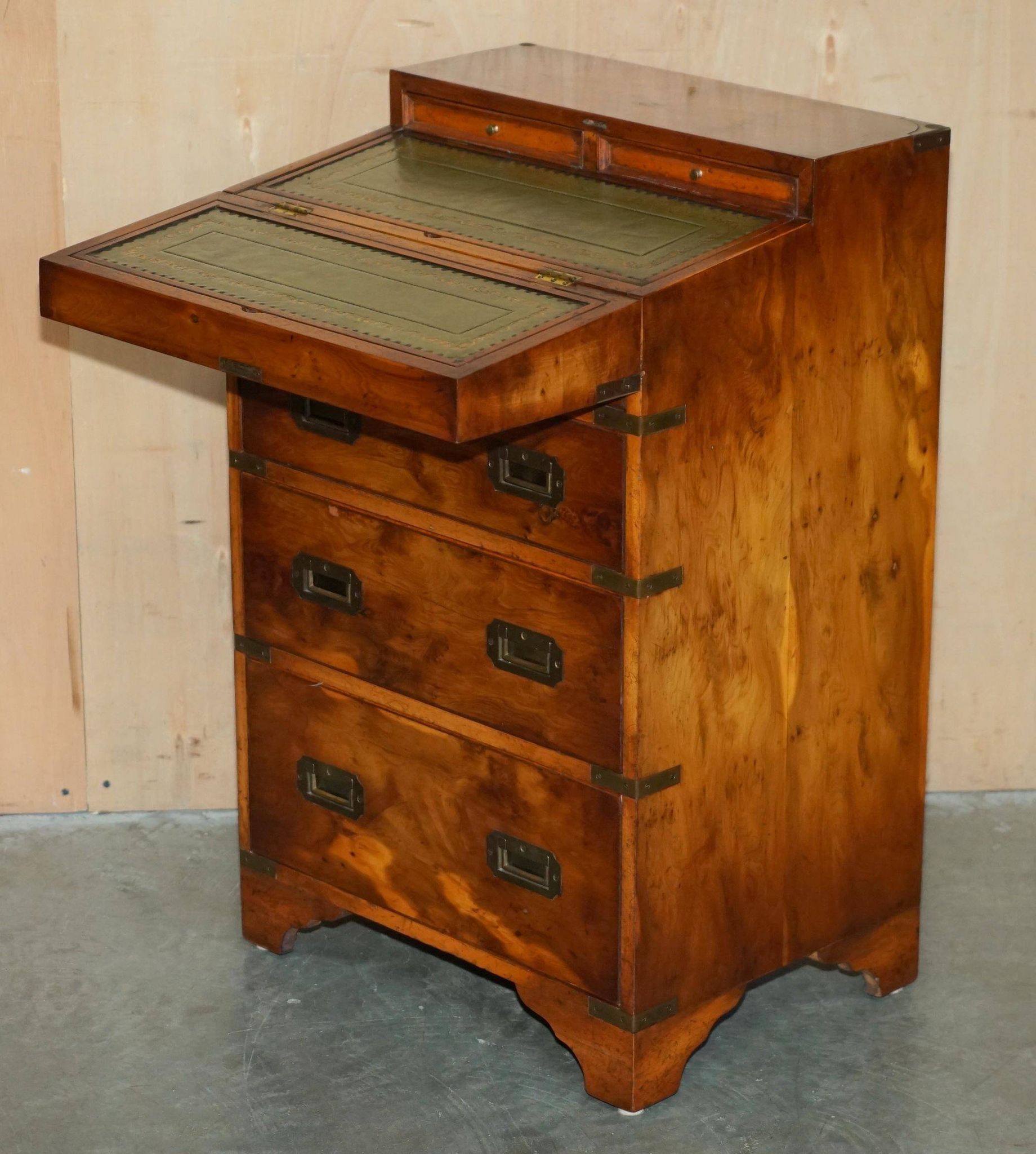 Military desk Harrods in Burr Yew wood with leather, country style.