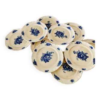 Petites assiettes anciennes faïence terre de fer villeroy & boch mettlach 1897 décor floral bleu