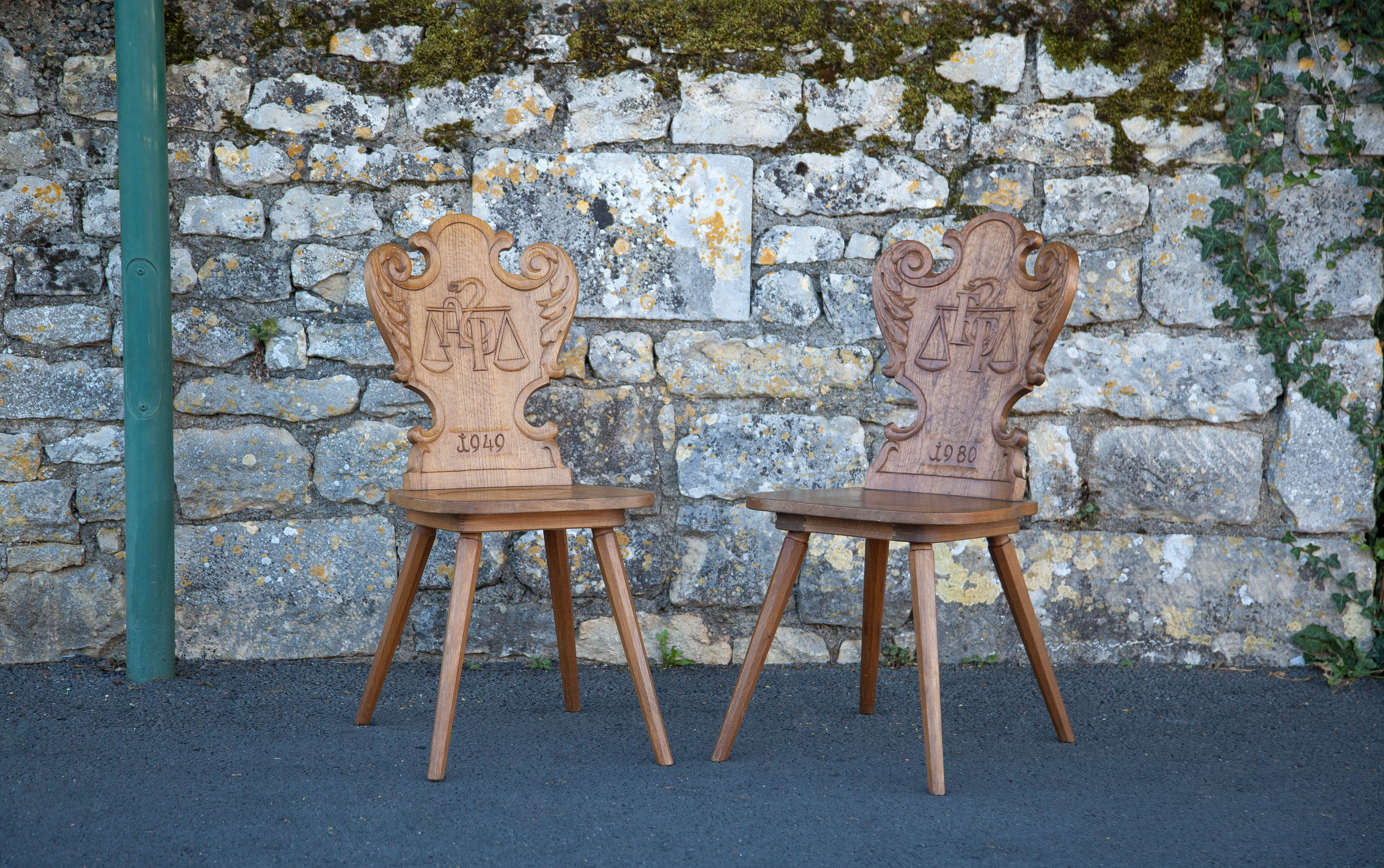 Set of 4 carved wooden stepladder chairs, pharmacy, brutalist, mountain style