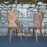 Set of 4 carved wooden stepladder chairs, pharmacy, brutalist, mountain style