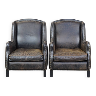 Lot de 2 fauteuils en cuir de vache noir avec finition clous décoratifs, style industriel
