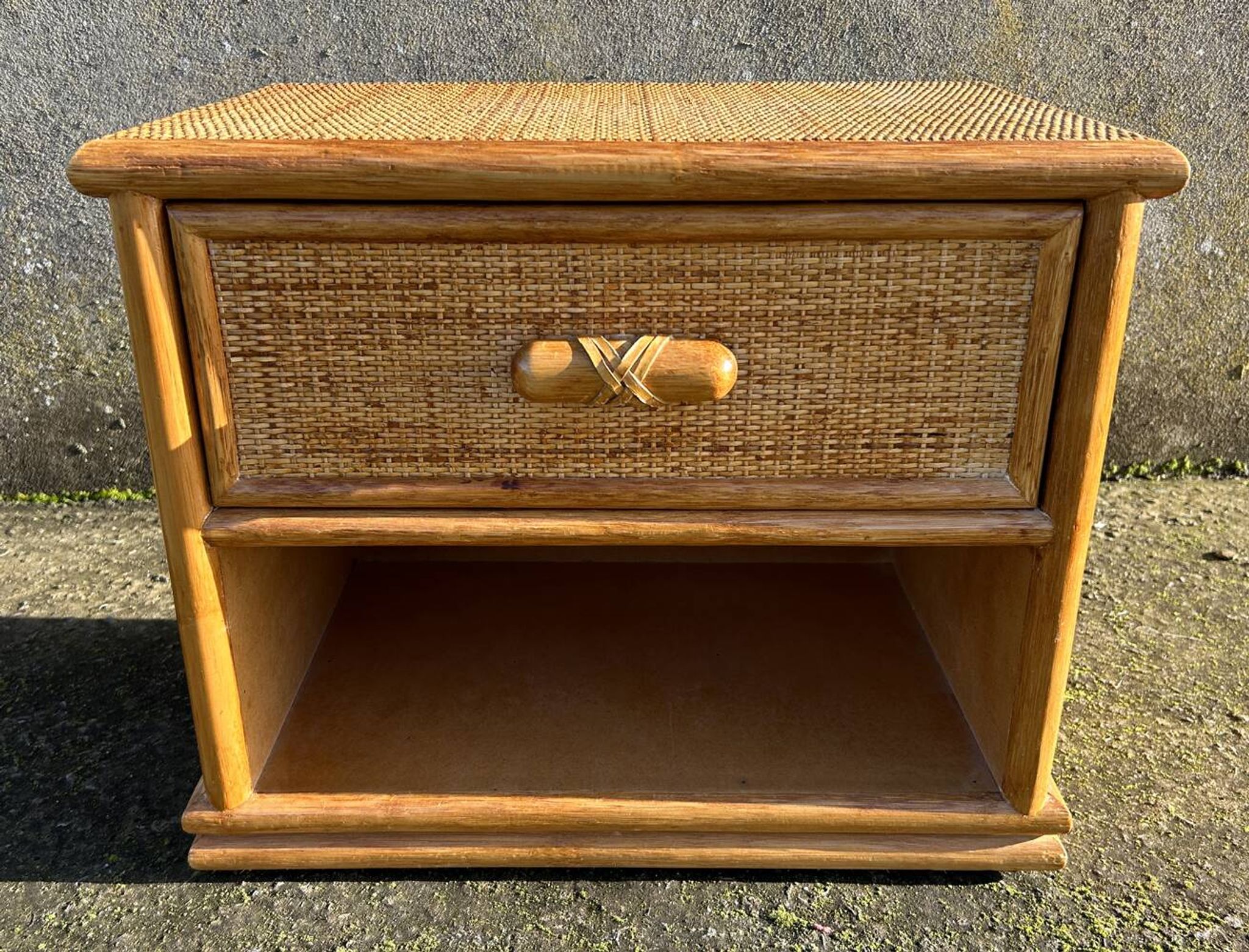Maugrion bedside table for Roche Bobois, wood and rattan, 1980s
