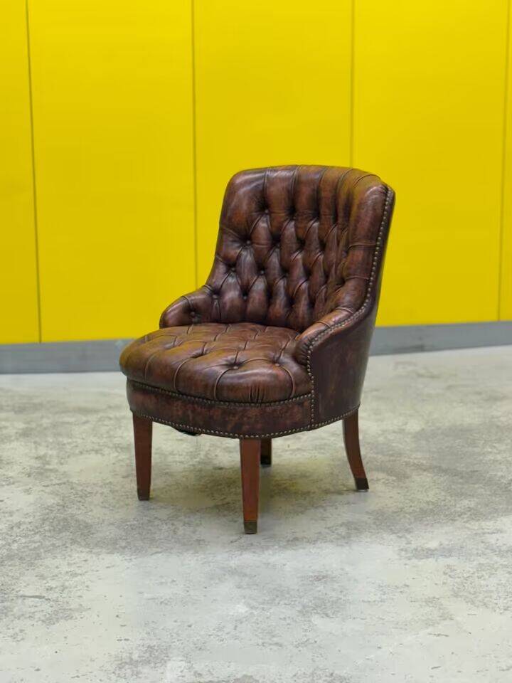 Original English Chesterfield Tub Chair - Vintage Antique Brown Leather