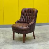 Original English Chesterfield Tub Chair - Vintage Antique Brown Leather