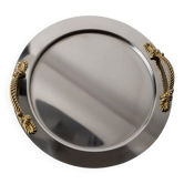Vintage round stainless steel platter from the 1980s, with golden rope handles, Inoxpran Italy.