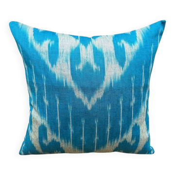 Silk Ikat Square Cushion Cover, Sky Blue Vintage Abraj, Handwoven, 16x16