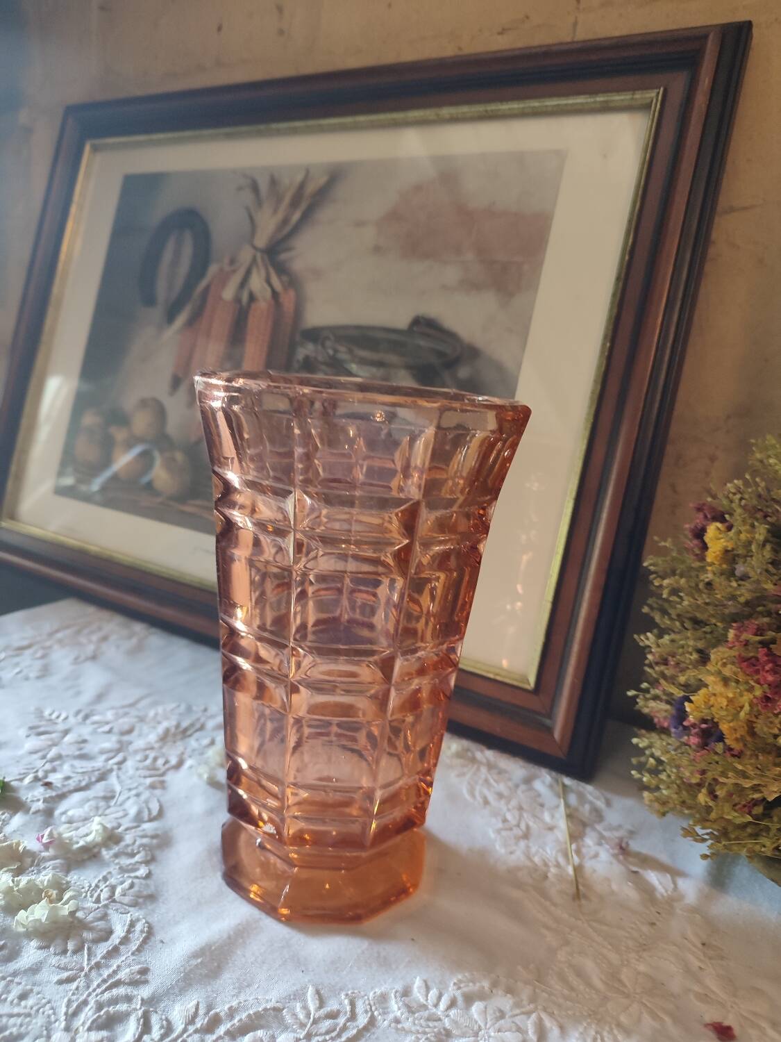 Art Deco style pink molded glass vase