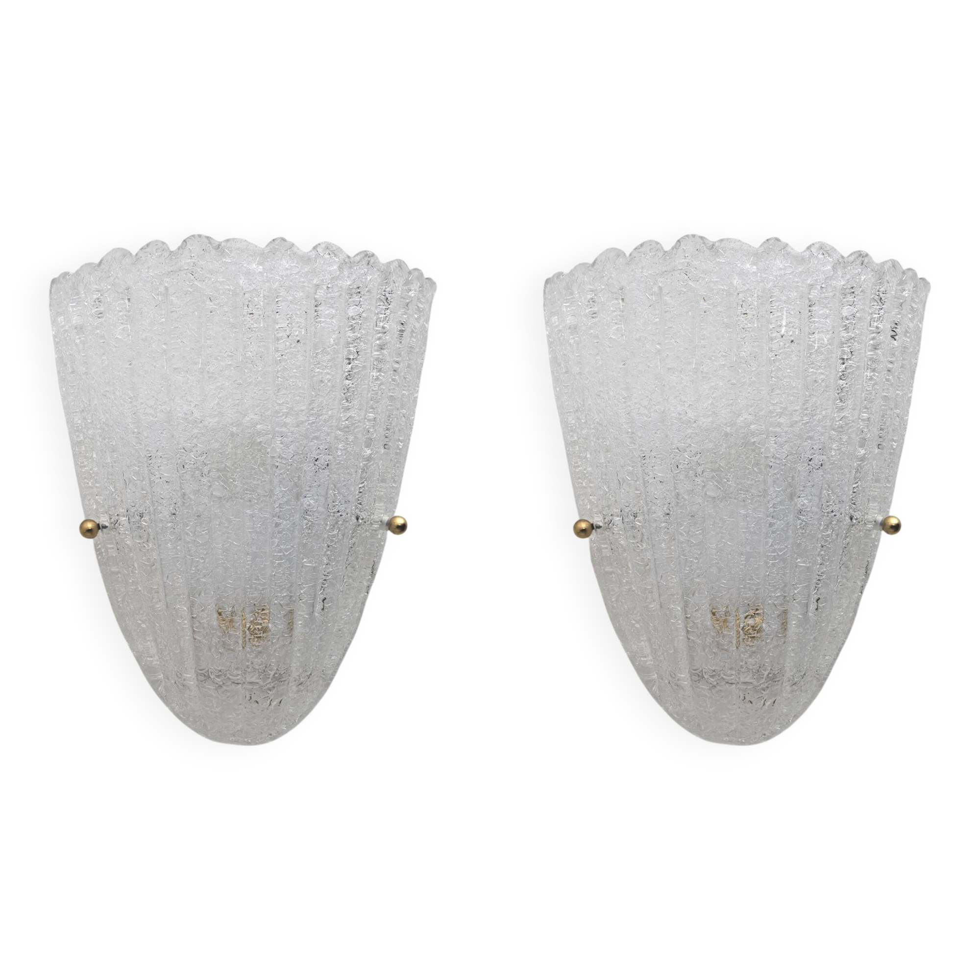Barovier Style Mid-Century Modern Italian Murano Glass Shell Sconces, 60s, Pair.
