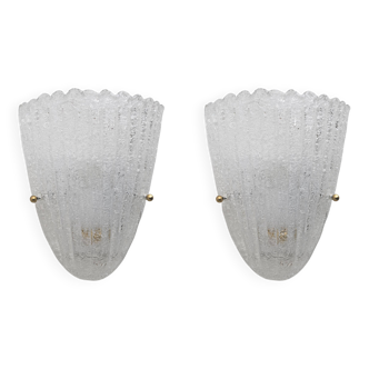 Barovier Style Mid-Century Modern Italian Murano Glass Shell Sconces, 60s, Pair.