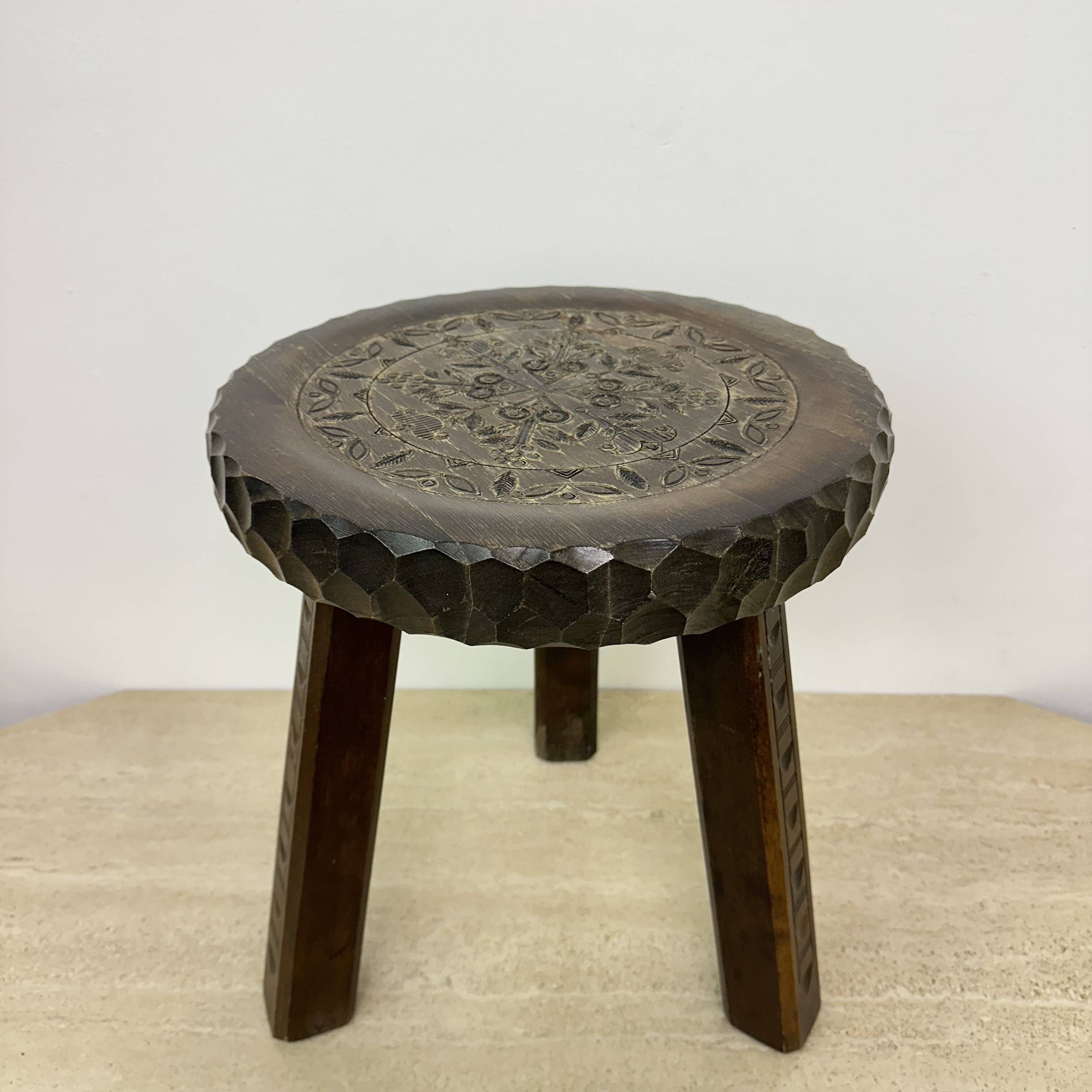 Hand carved solid oak brutalist stool , 1970s