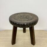 Hand carved solid oak brutalist stool , 1970s