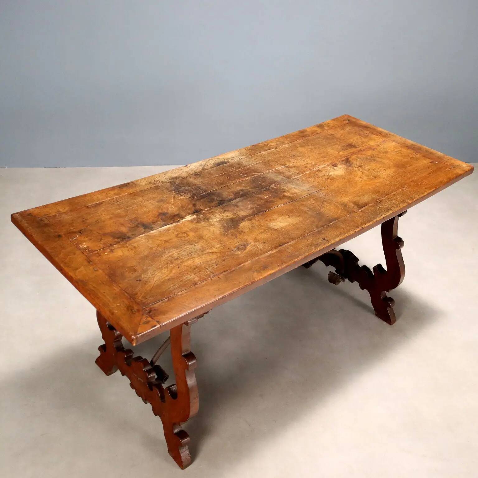 Old refectory table in walnut and wrought iron, Italy, 20th century