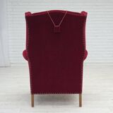 1960s, Danish highback wingback armchair, cherry-red furniture velour.