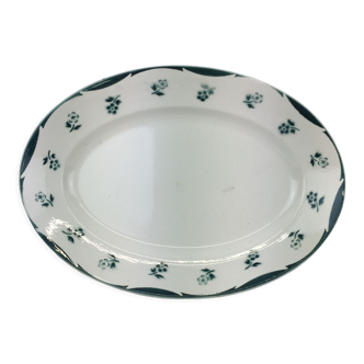Antique oval dish made in France Digoin Sarreguemines, green flower decoration