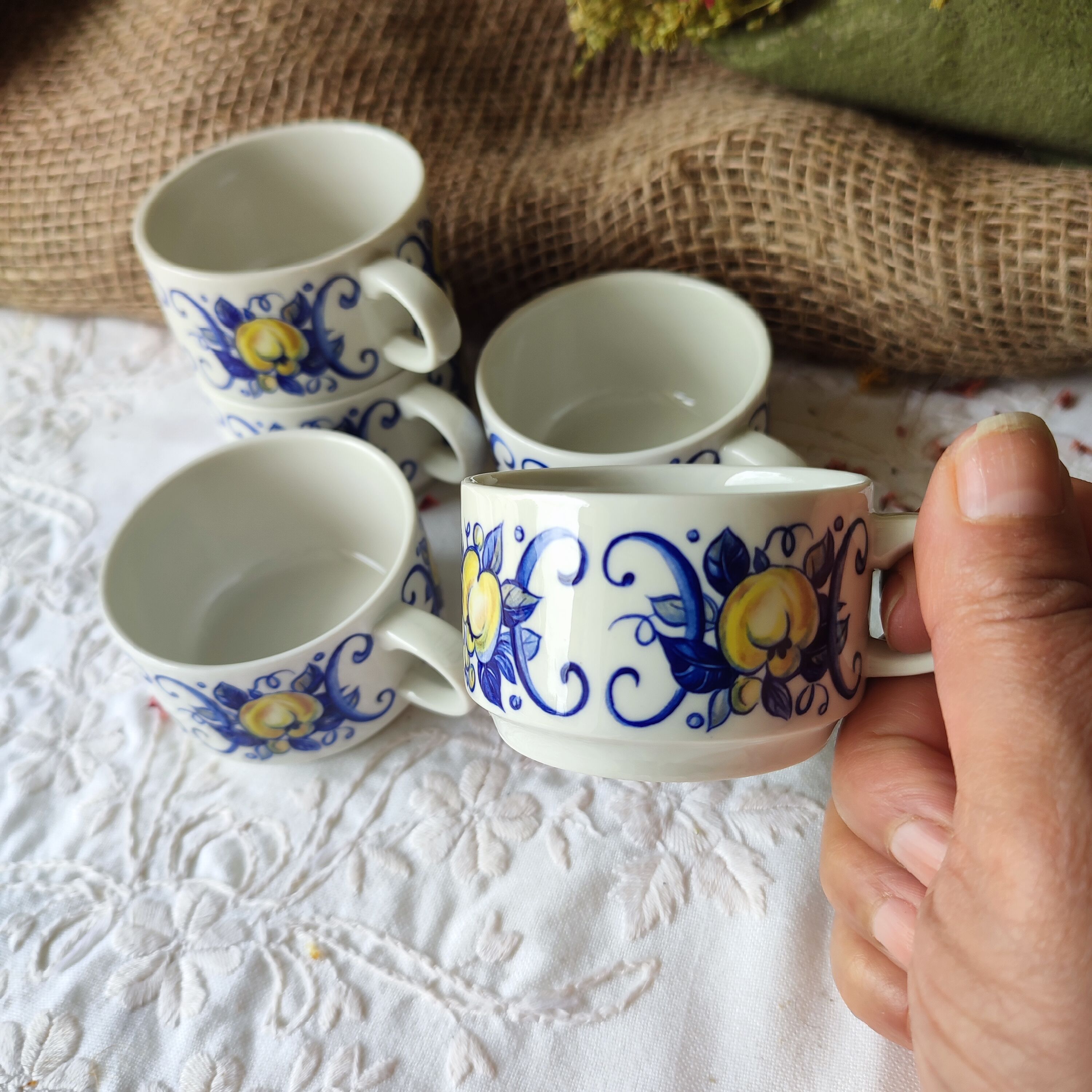 Set of 5 vintage Villeroy & Boch mugs – Cadiz model – Blue decor and