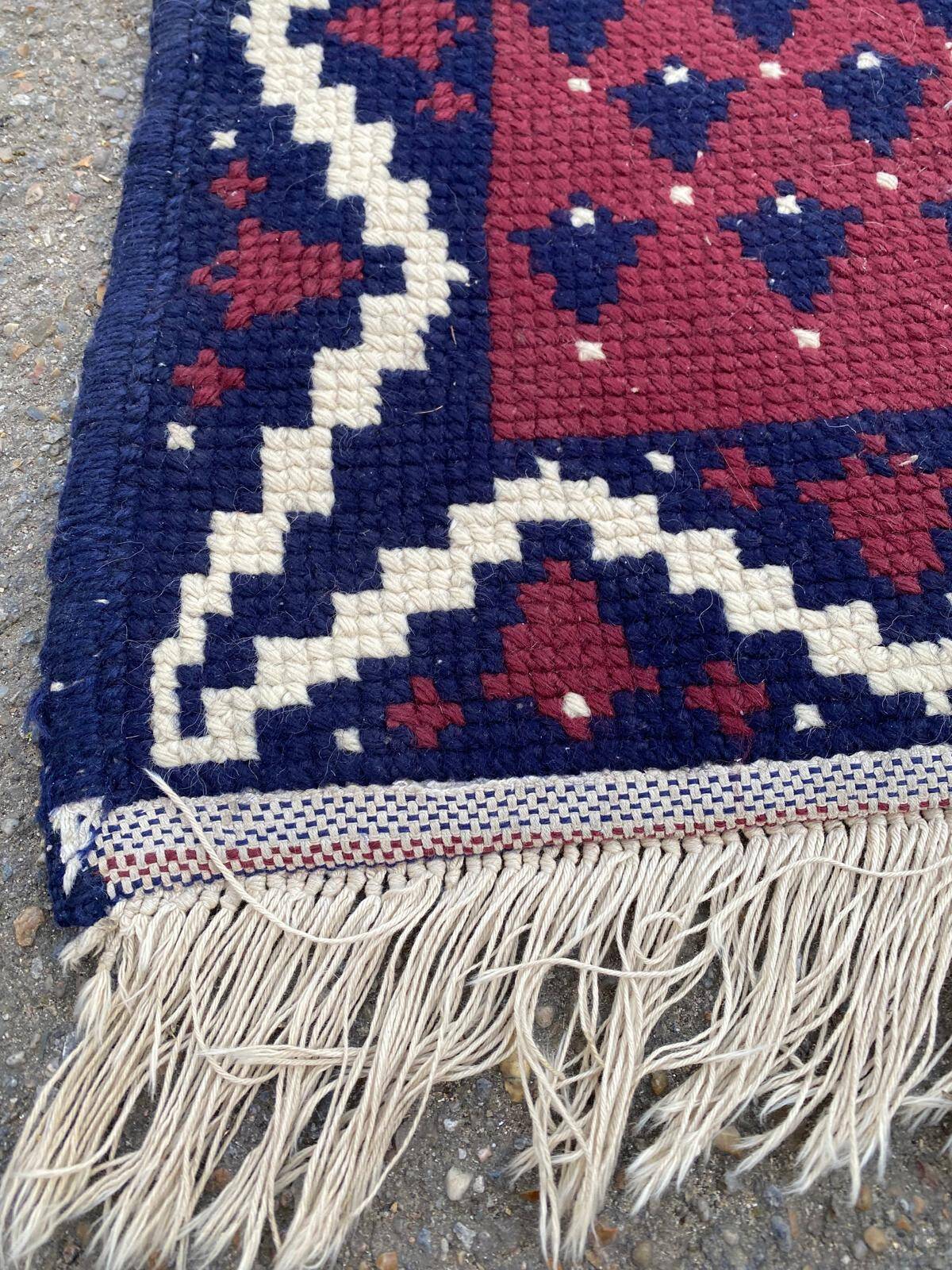 Hand-knotted wool rug 1970 80x140cm burgundy blue