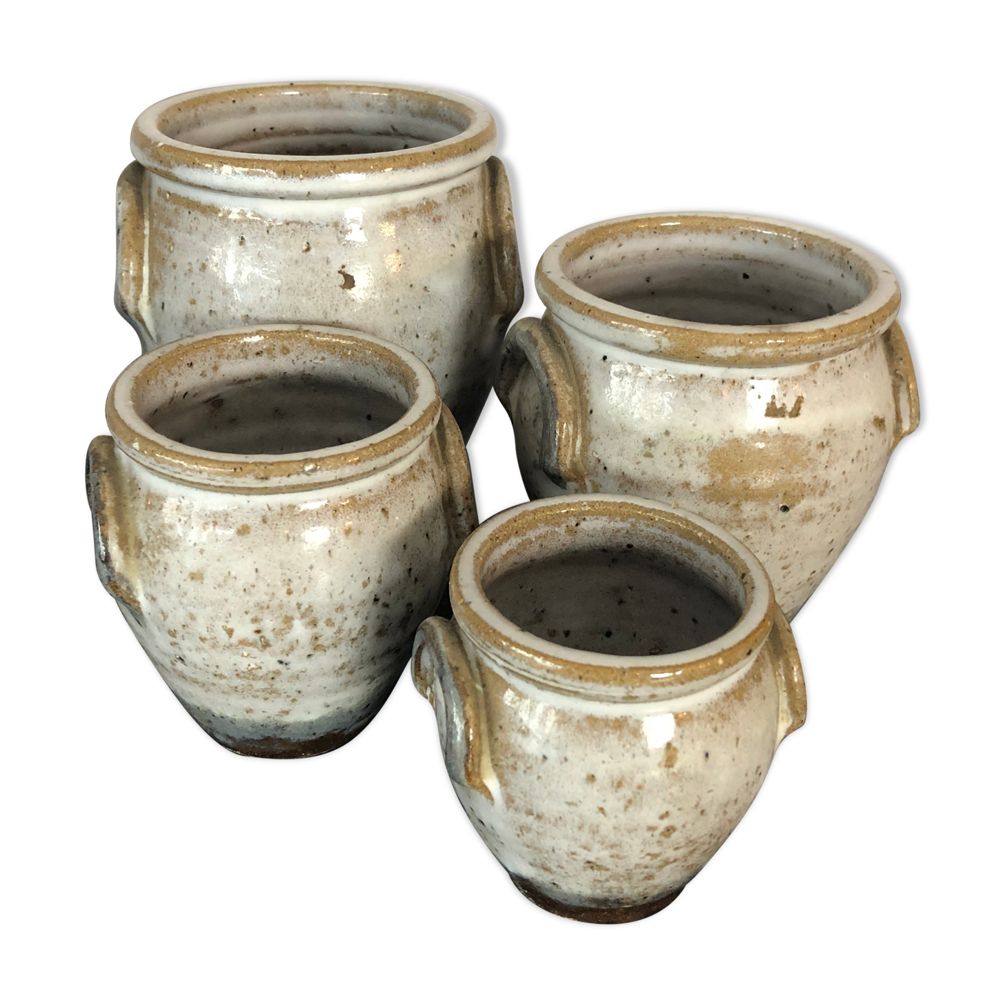Set of 4 enamelled sandstone pots