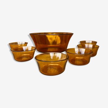 Lot salad bowl and raviers in tempered glass Vereco amber brown color.