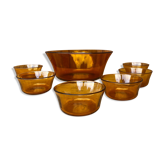 Lot salad bowl and raviers in tempered glass Vereco amber brown color.