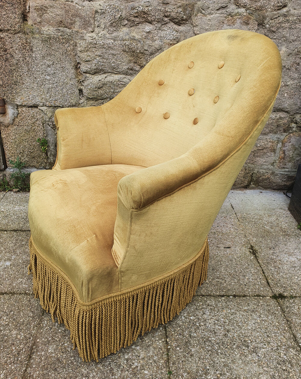 Fauteuil crapaud Style Napoléon III ocre jaune vintage, années 40