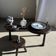 Vintage hand-held candlestick in blue glazed stoneware with floral decoration by Poterie Millian.