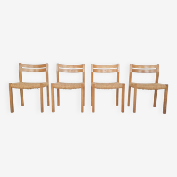 Set of four oak and sisal dining chairs model 401 by JL Moller, Denmark 1970's