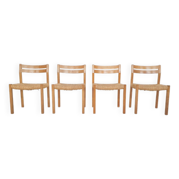 Set of four oak and sisal dining chairs model 401 by JL Moller, Denmark 1970's