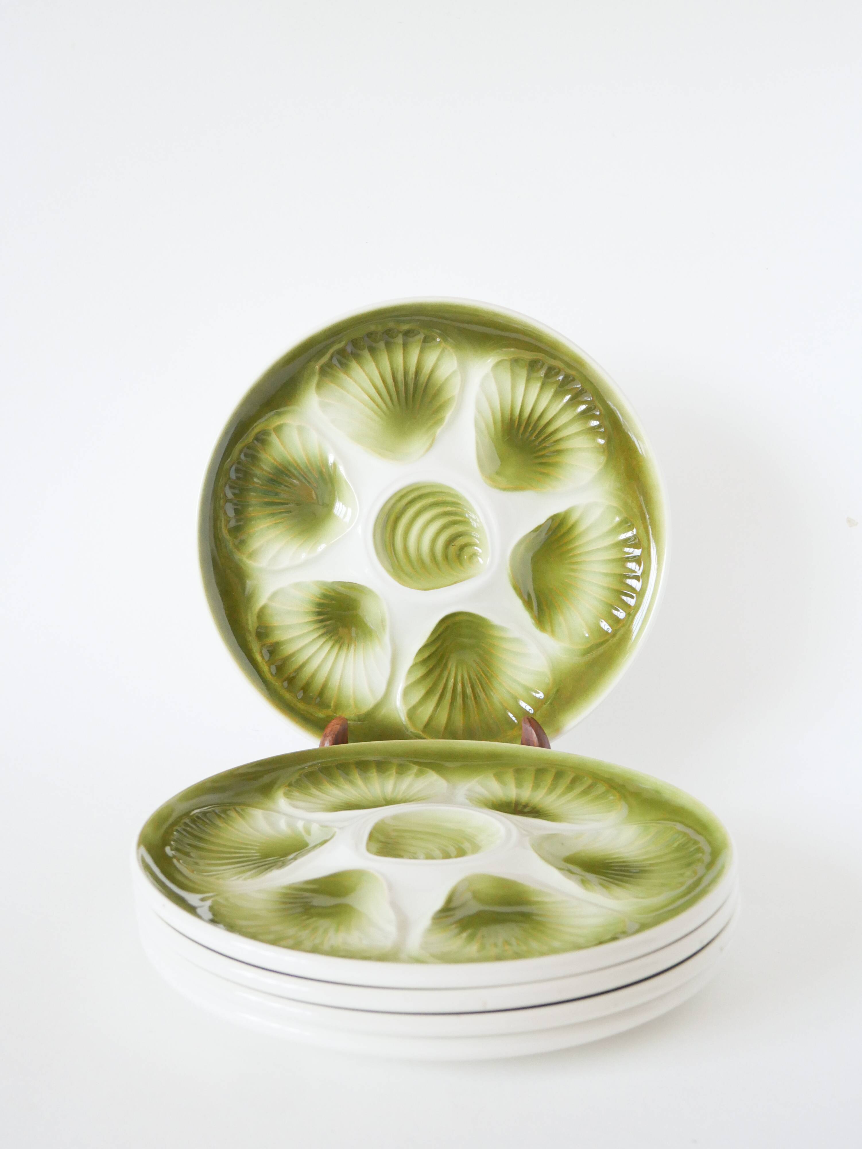 Set of 6 Moulins des Loups oyster plates, Green, 1960